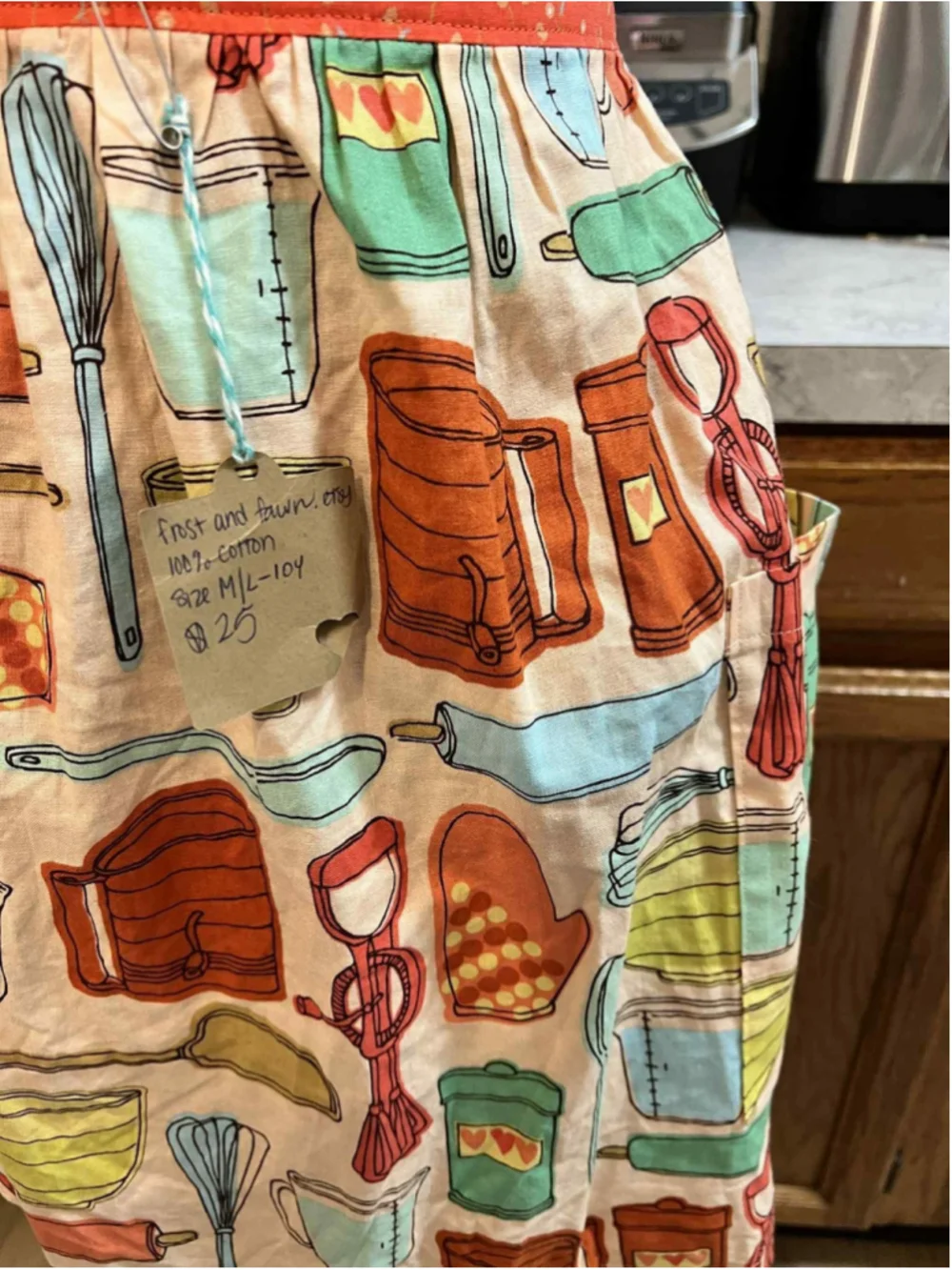 Handmade Cotton Apron Retro Kitchen Utensil Print Orange Waistband M/L Pockets